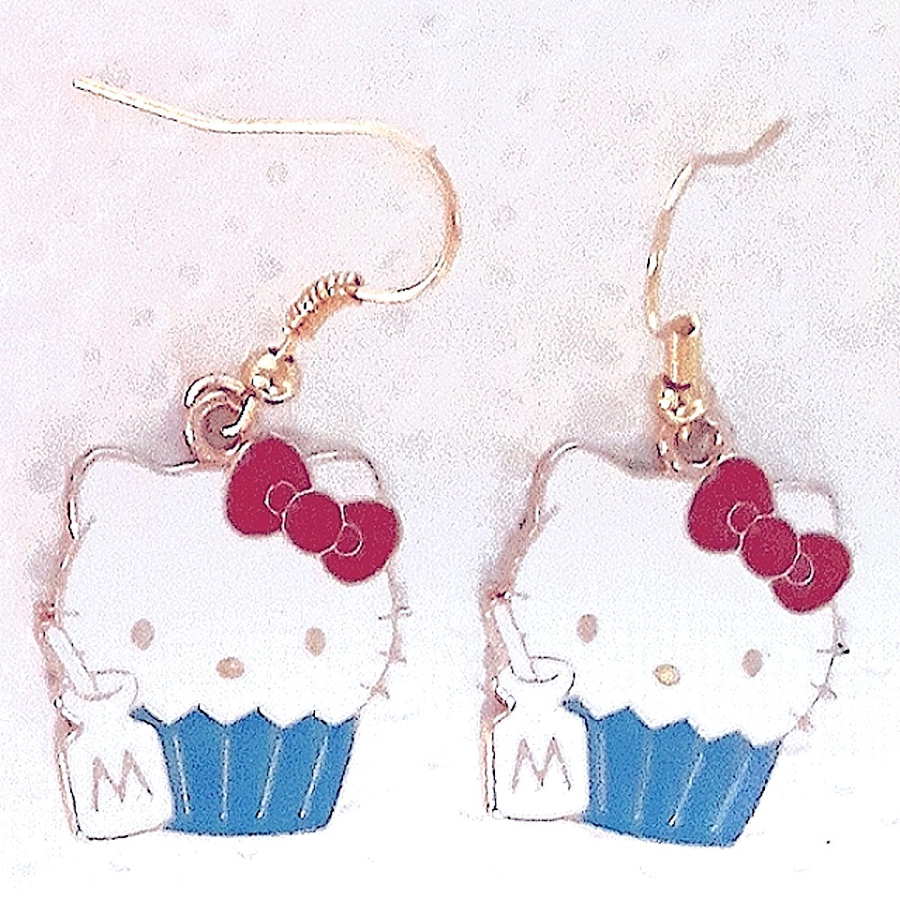 Hello Kitty Red Bow Blue Cupcake Dangle Earrings Gold Enamel Stainless Ste…